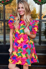 Abstract Rose Red Ruffle Sleeve Shift Dress with Southern Belle Style from MsDressly
