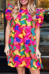 Abstract Rose Red Ruffle Sleeve Shift Dress with Southern Belle Style from MsDressly