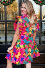 Abstract Rose Red Ruffle Sleeve Shift Dress with Southern Belle Style from MsDressly