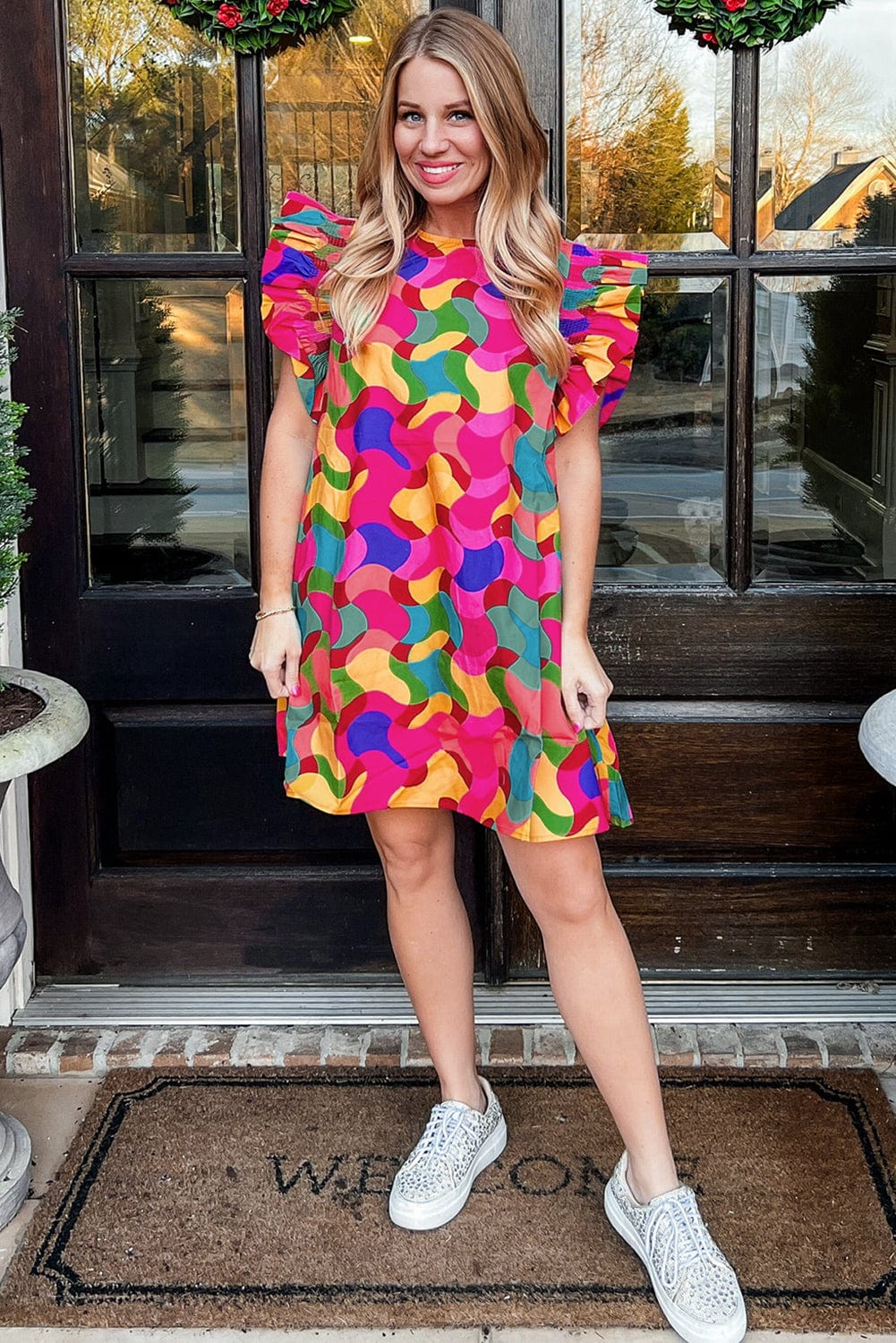 Abstract Rose Red Ruffle Sleeve Shift Dress with Southern Belle Style from MsDressly