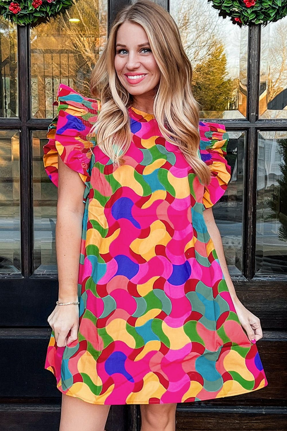 Abstract Rose Red Ruffle Sleeve Shift Dress with Southern Belle Style from MsDressly
