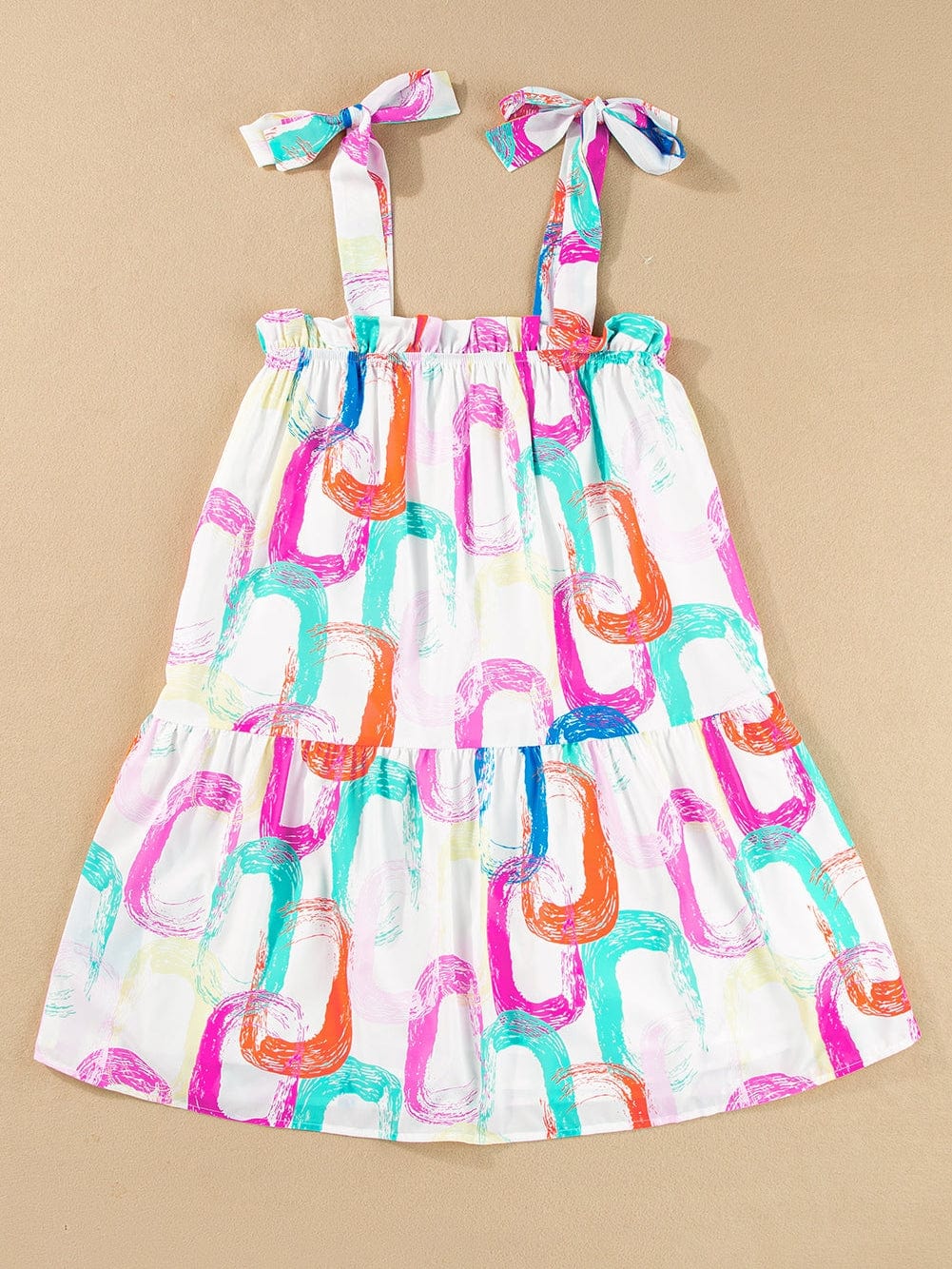 Abstract White Ruffled Mini Dress with Knotted Straps from MsDressly