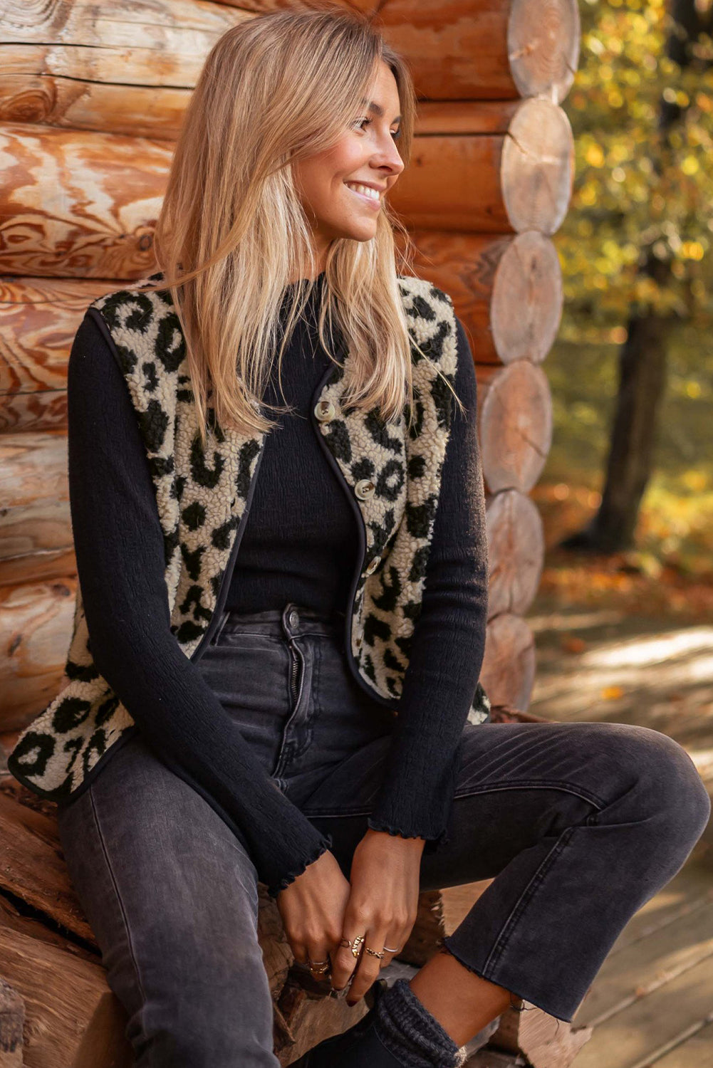 Black Leopard Print Sherpa Vest Coat From MsDressly