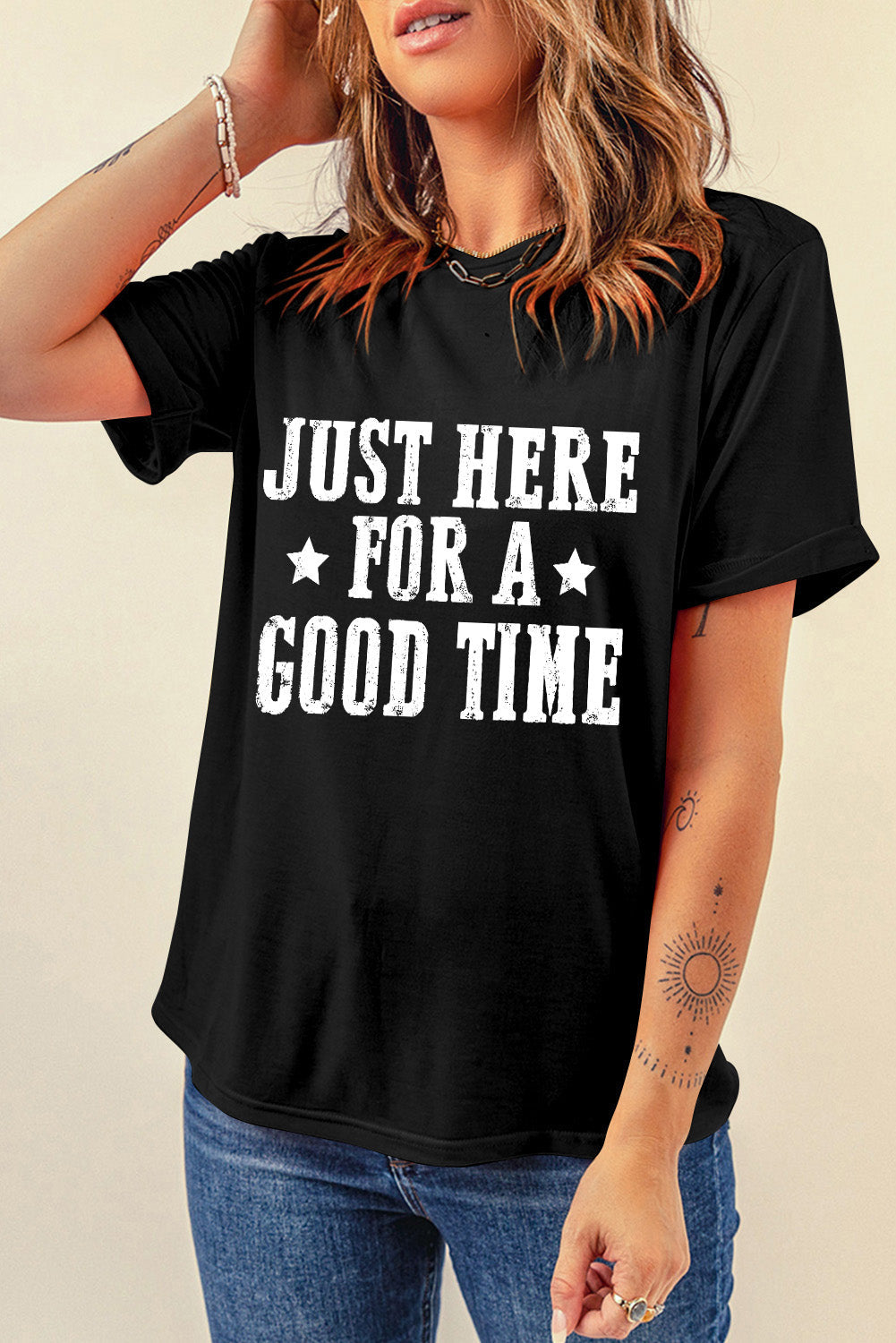 Black Just Here For A Good Time Graphic Round Neck T Shirt from MsDressly