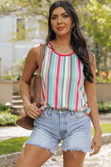 Kenna Stripe Rainbow Eyelet Knit Button Decor Tank Top From Threaded Pear