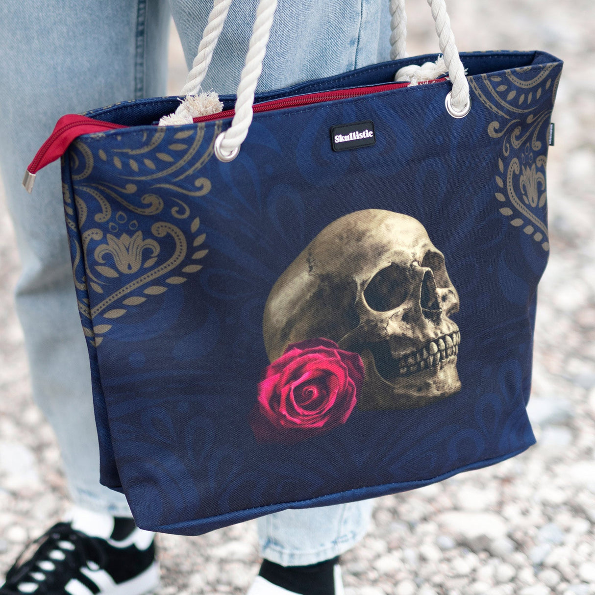 Rose Skull Navy Shoulder Beach Bag From Zapps Clothing