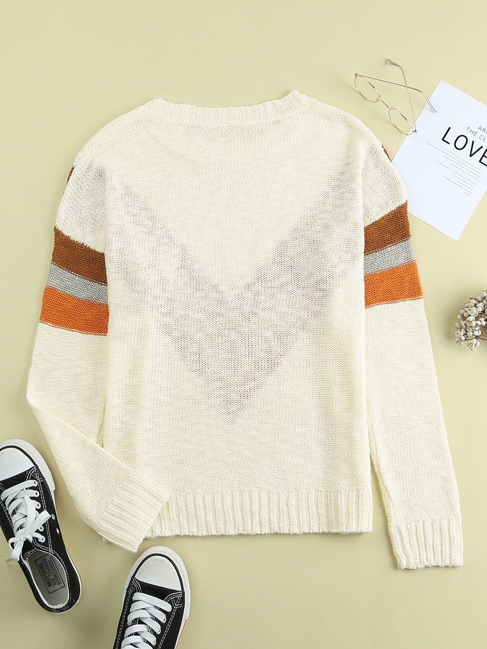 Beige Chevron Stripe Drop Shoulder Knit Pullover from MsDressly