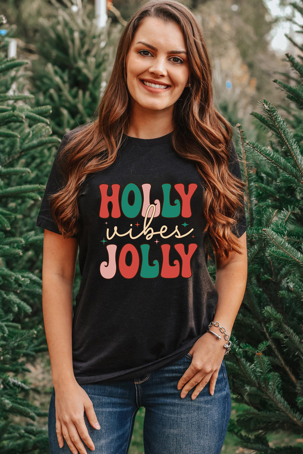 Black HOLLY JOLLY Vibes Christmas Crew Neck T Shirt from MsDressly
