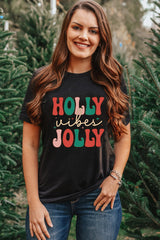 Black HOLLY JOLLY Vibes Christmas Crew Neck T Shirt from MsDressly