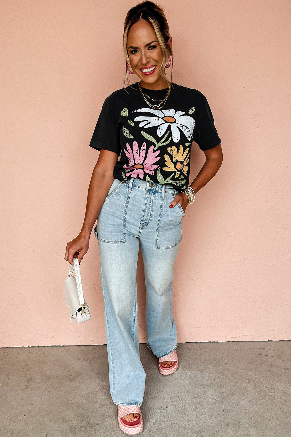 Black Retro Floral Print Crew Neck Casual T Shirt from MsDressly