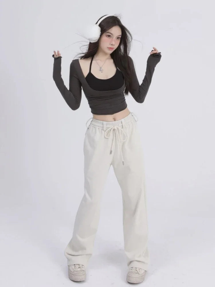 Aesthetic Halter Two-Piece Set - Harajuku Long Sleeve Tee From Kawaii Stop