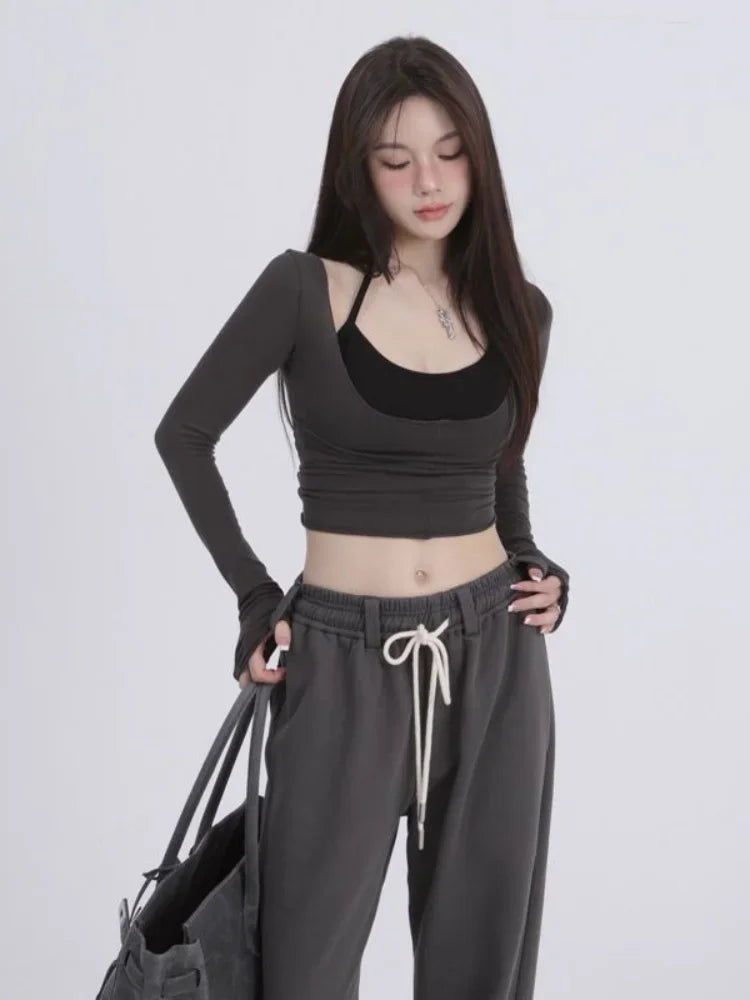 Aesthetic Halter Two-Piece Set - Harajuku Long Sleeve Tee From Kawaii Stop