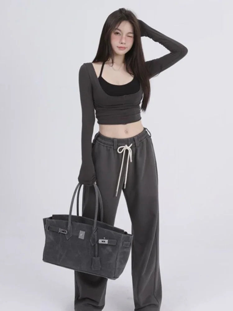Aesthetic Halter Two-Piece Set - Harajuku Long Sleeve Tee From Kawaii Stop