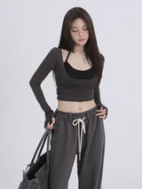 Aesthetic Halter Two-Piece Set - Harajuku Long Sleeve Tee From Kawaii Stop