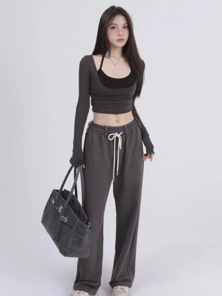 Aesthetic Halter Two-Piece Set - Harajuku Long Sleeve Tee From Kawaii Stop