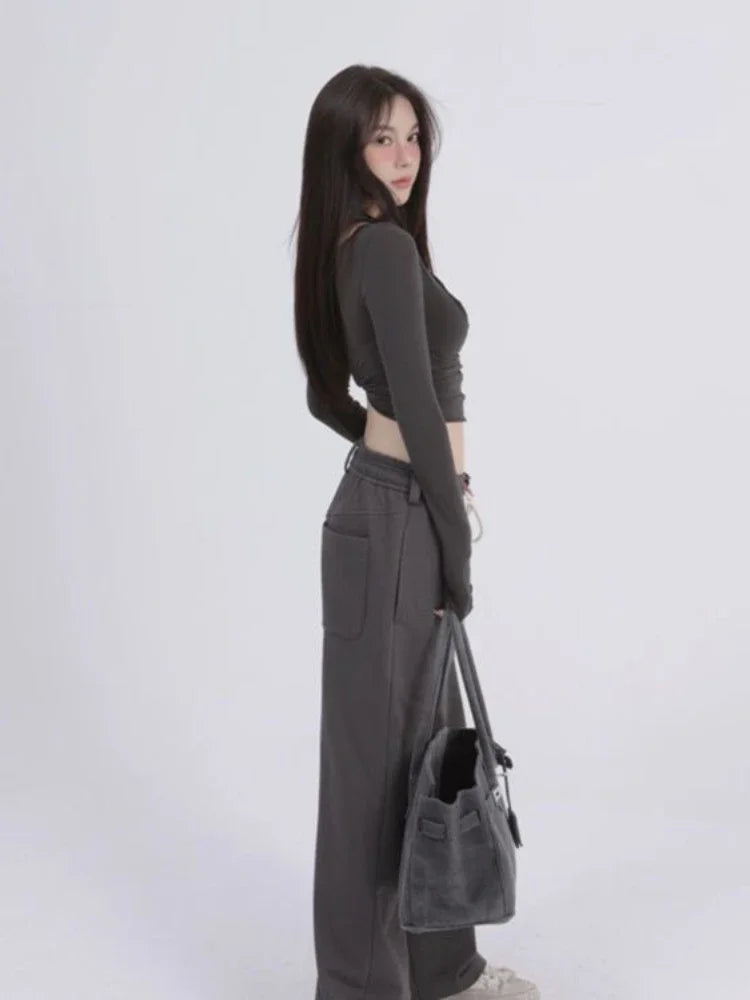 Aesthetic Halter Two-Piece Set - Harajuku Long Sleeve Tee From Kawaii Stop
