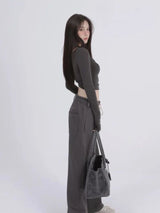 Aesthetic Halter Two-Piece Set - Harajuku Long Sleeve Tee From Kawaii Stop