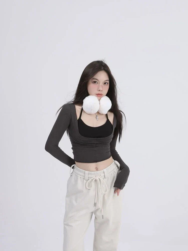 Aesthetic Halter Two-Piece Set - Harajuku Long Sleeve Tee From Kawaii Stop