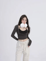 Aesthetic Halter Two-Piece Set - Harajuku Long Sleeve Tee From Kawaii Stop