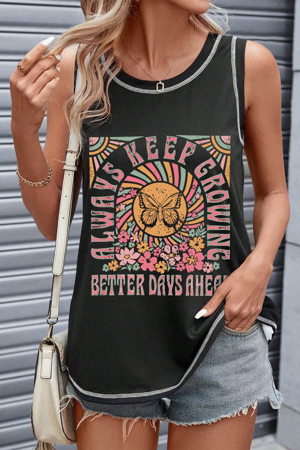 Black Letters Butterfly Floral Printed Stitching Crewneck Tank Top From MsDressly