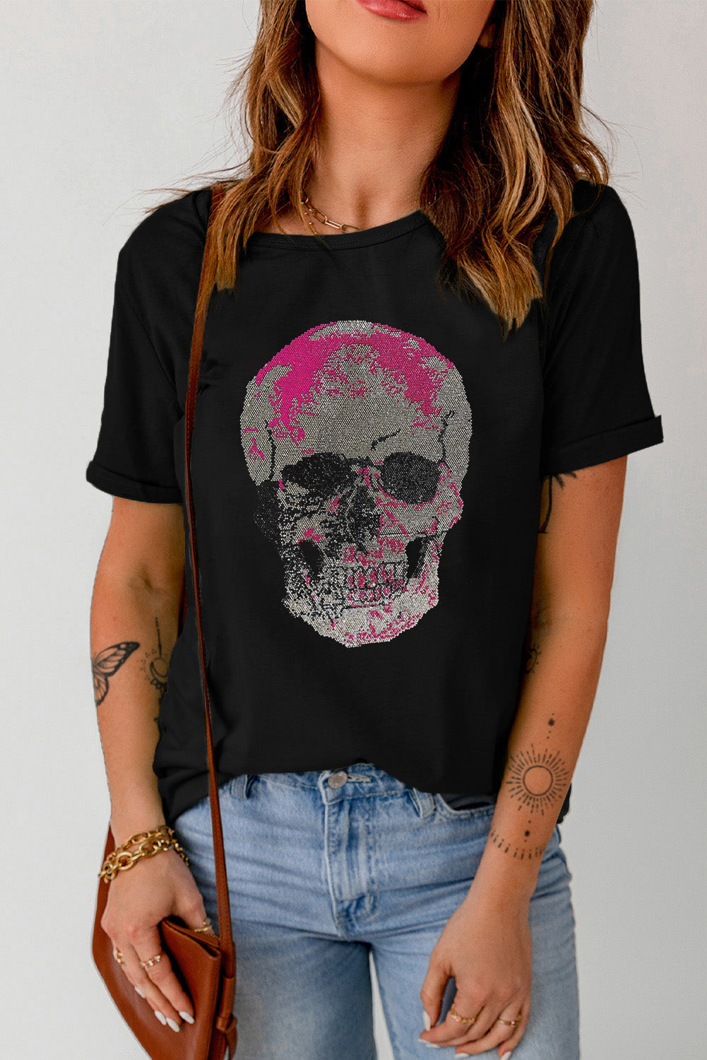 Black Rhinestone Skull Graphic Crewneck T Shirt from MsDressly