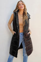 Black Hooded Long Quilted Vest Coat From MsDressly