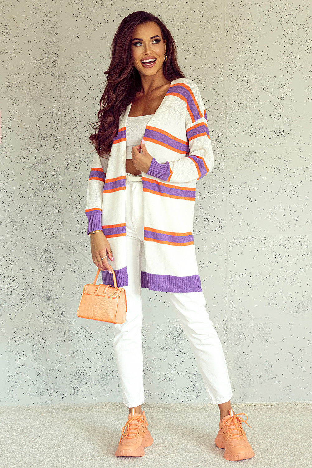 Beige Button-Up Striped Cardigan with Ribbed Trim and Long Sleeves from MsDressly
