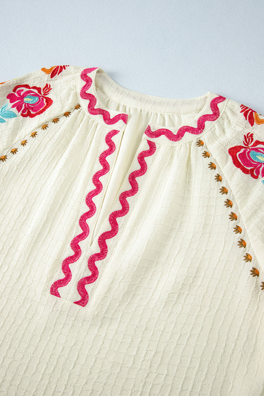 Beige Floral Embroidered Ricrac Puff Sleeve Textured Blouse from MsDressly