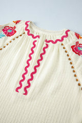 Beige Floral Embroidered Ricrac Puff Sleeve Textured Blouse from MsDressly