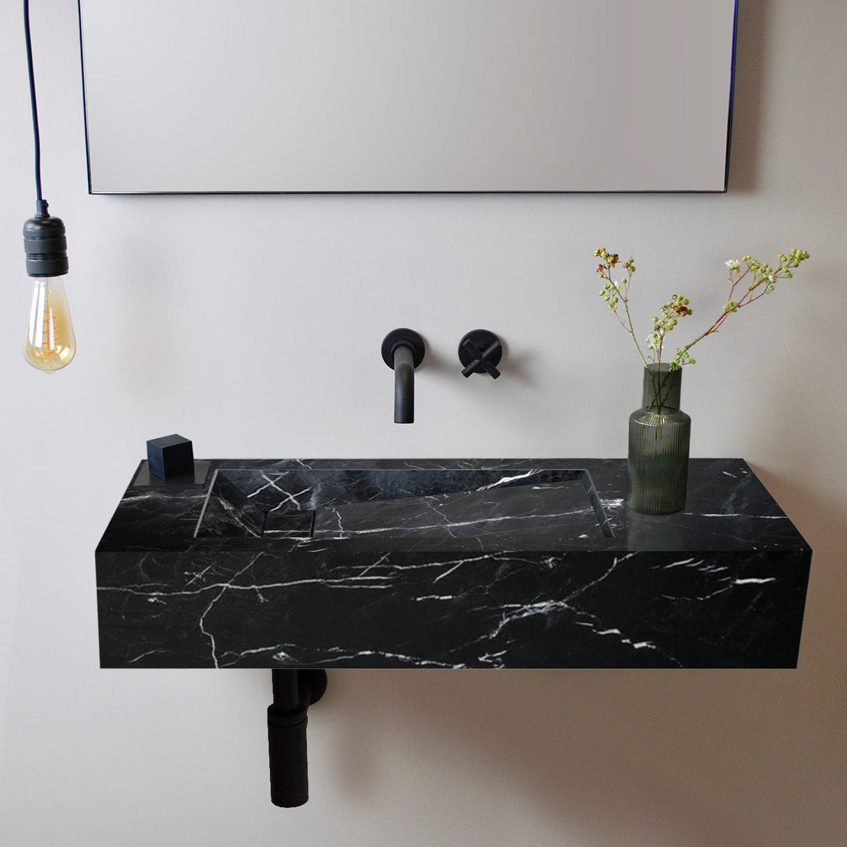 Alexandrette Black Marble Modern Rectangular Sink Wall-mount Bathroom Sink (W)18" (L)30" (H)7" From Villohome