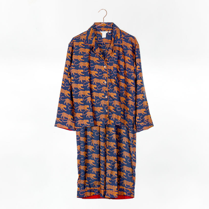 Women's Navy Leopard Washable Silk Pajamas From Abroad Modern