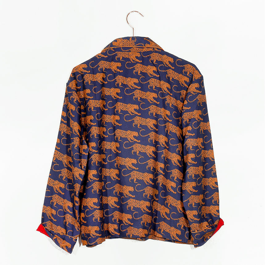 Women's Navy Leopard Washable Silk Pajamas From Abroad Modern