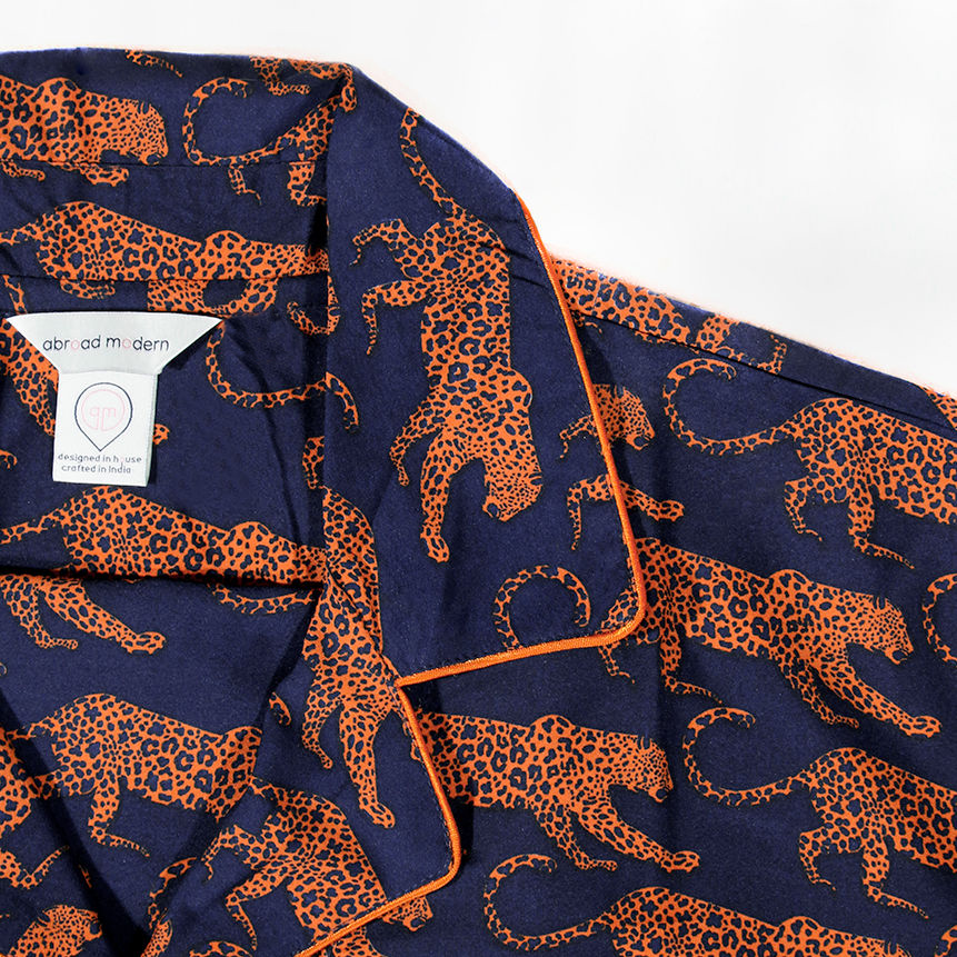 Women's Navy Leopard Washable Silk Pajamas From Abroad Modern