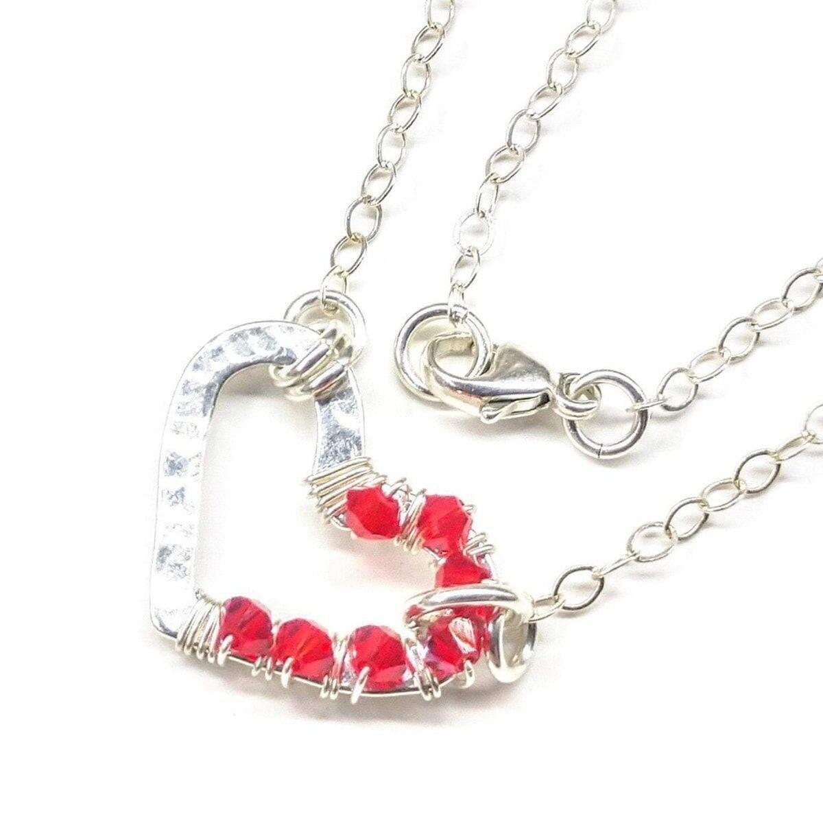 Silver Red Crystal Hammered Heart Necklace from Alexa Martha Designs