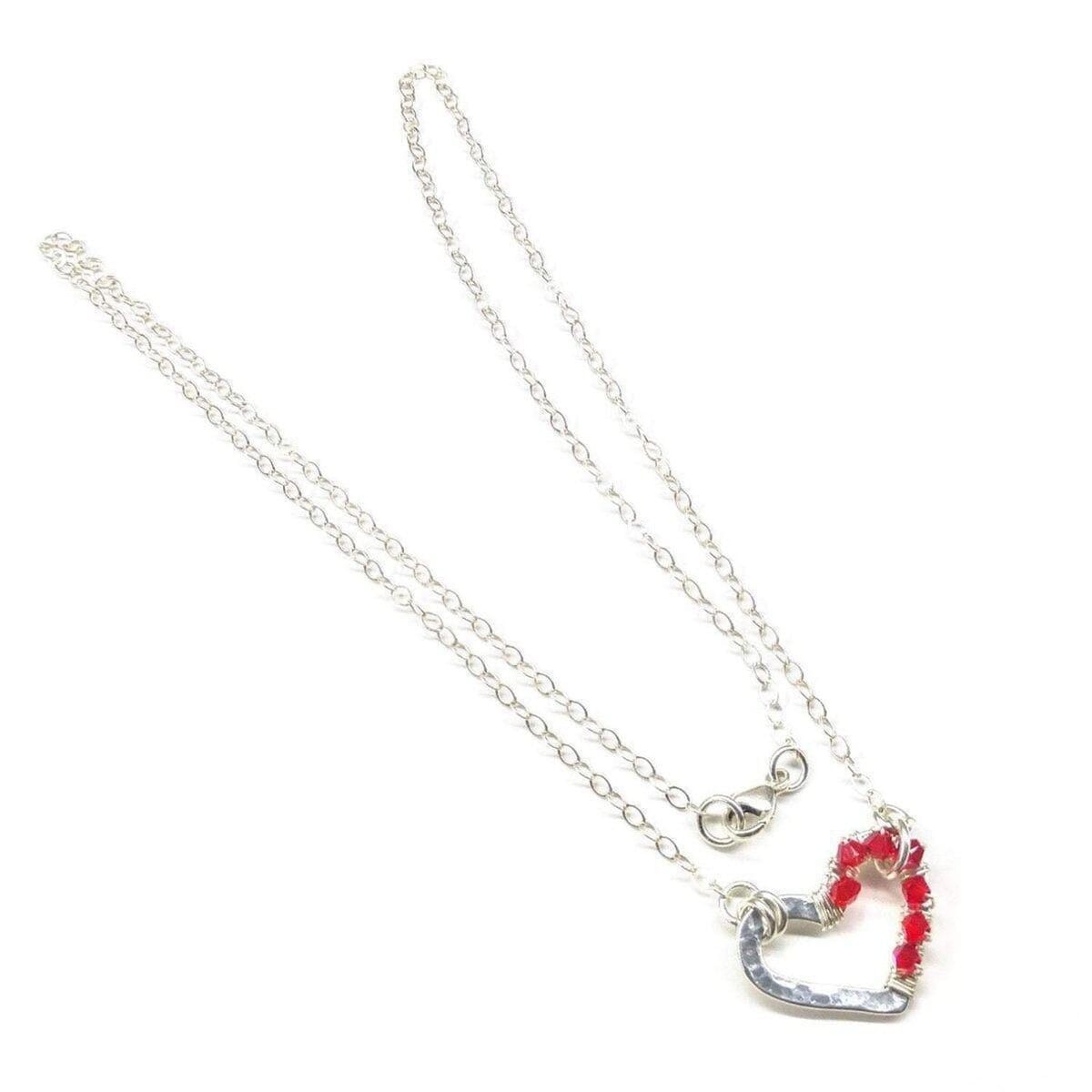 Silver Red Crystal Hammered Heart Necklace from Alexa Martha Designs