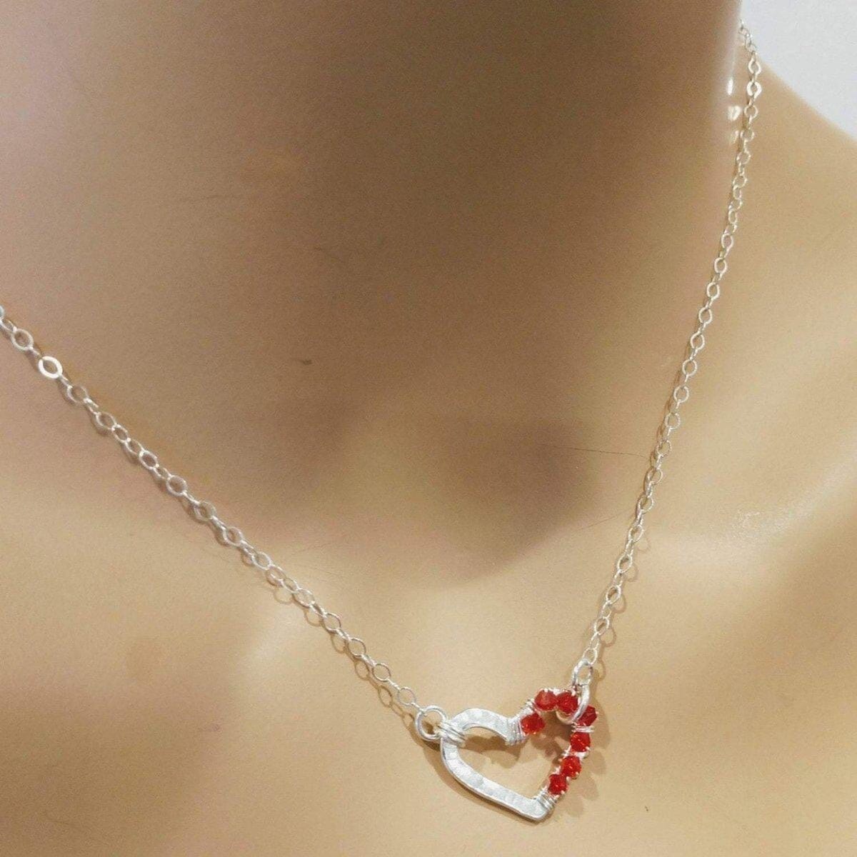 Silver Red Crystal Hammered Heart Necklace from Alexa Martha Designs
