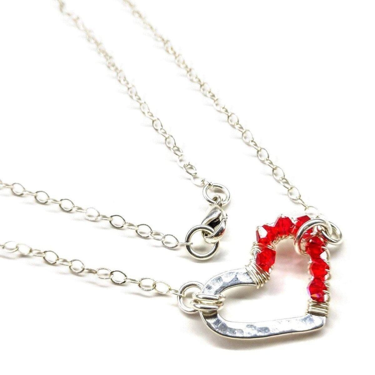 Silver Red Crystal Hammered Heart Necklace from Alexa Martha Designs