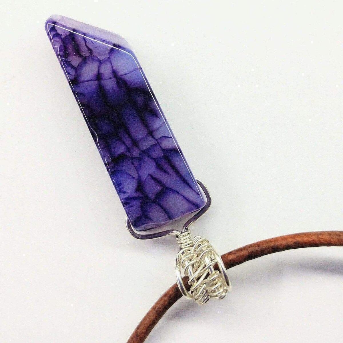 Silver Wrapped Purple Dyed Crackle Agate Point Leather Necklace from Alexa Martha Designs