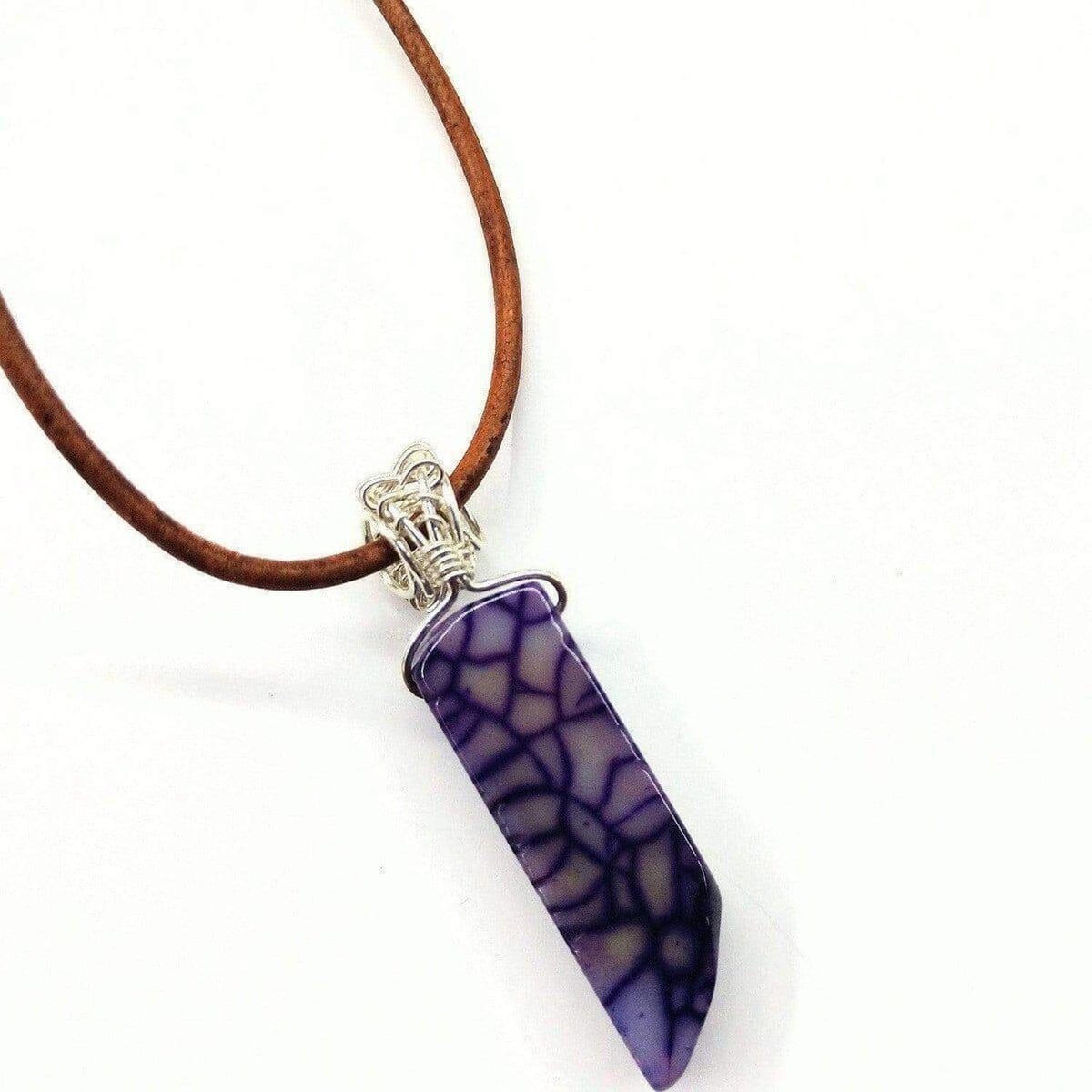 Silver Wrapped Purple Dyed Crackle Agate Point Leather Necklace from Alexa Martha Designs