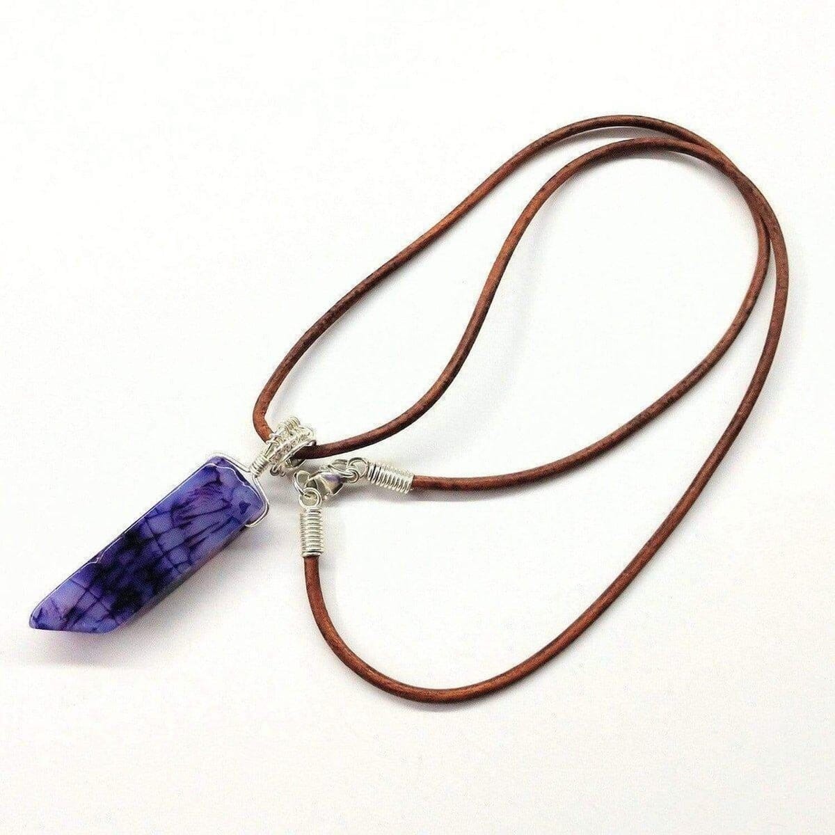 Silver Wrapped Purple Dyed Crackle Agate Point Leather Necklace from Alexa Martha Designs