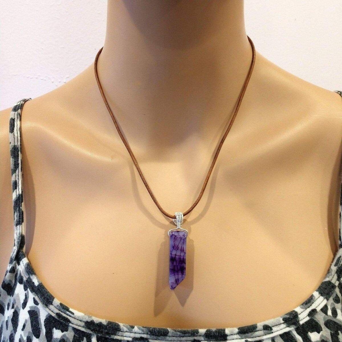 Silver Wrapped Purple Dyed Crackle Agate Point Leather Necklace from Alexa Martha Designs