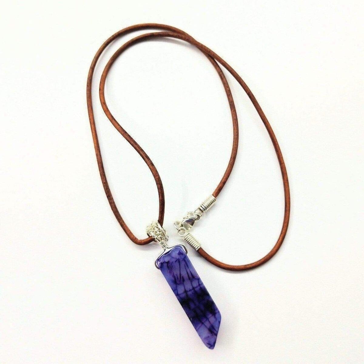Silver Wrapped Purple Dyed Crackle Agate Point Leather Necklace from Alexa Martha Designs
