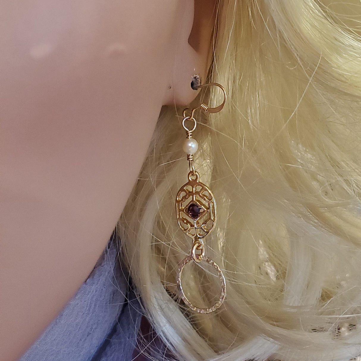 14 K Gold Filled Purple Crystal Hammered Circle Filigree Earrings from Alexa Martha Designs