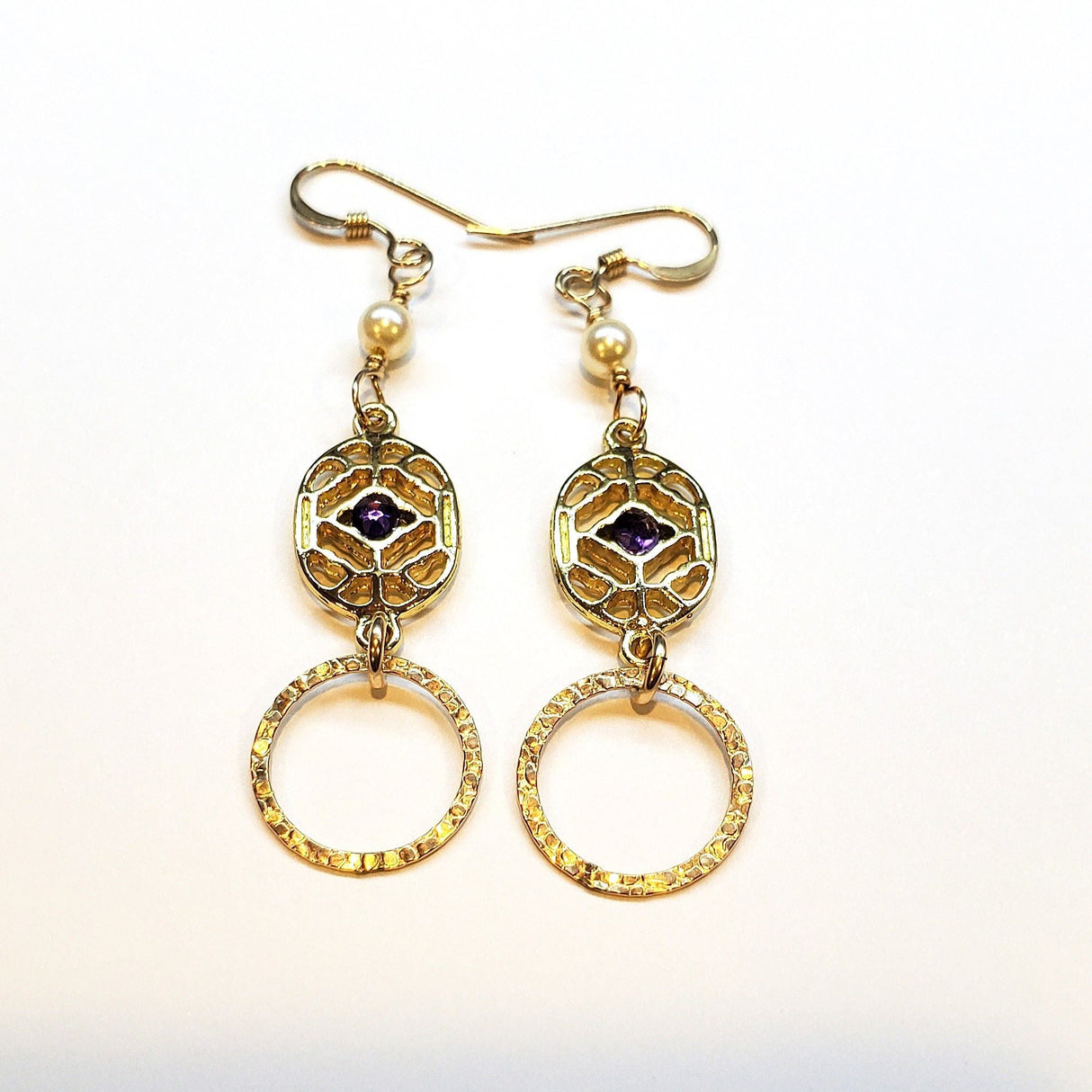 14 K Gold Filled Purple Crystal Hammered Circle Filigree Earrings from Alexa Martha Designs