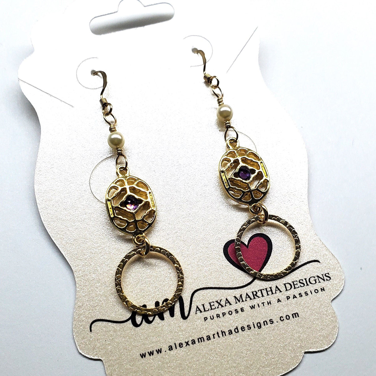 14 K Gold Filled Purple Crystal Hammered Circle Filigree Earrings from Alexa Martha Designs