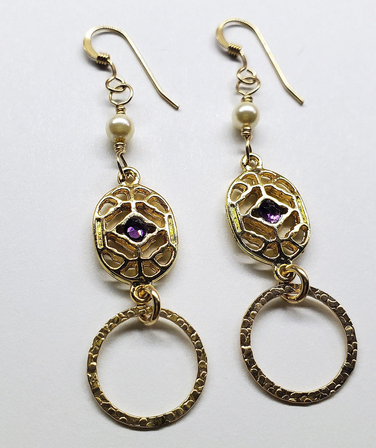 14 K Gold Filled Purple Crystal Hammered Circle Filigree Earrings from Alexa Martha Designs