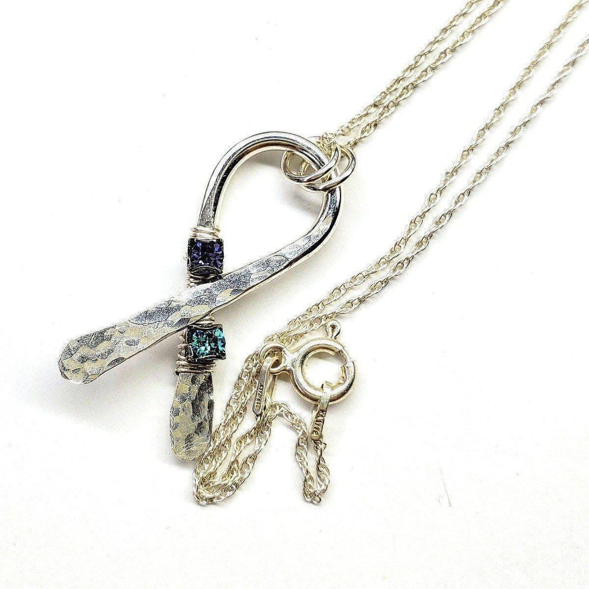Silver Suicide Prevention Awareness Ribbon Necklace with Purple and Teal Crystals from Alexa Martha Designs
