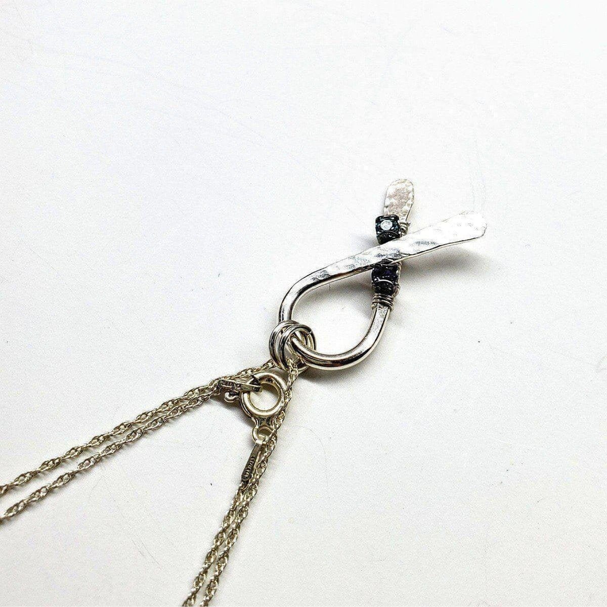Silver Suicide Prevention Awareness Ribbon Necklace with Purple and Teal Crystals from Alexa Martha Designs