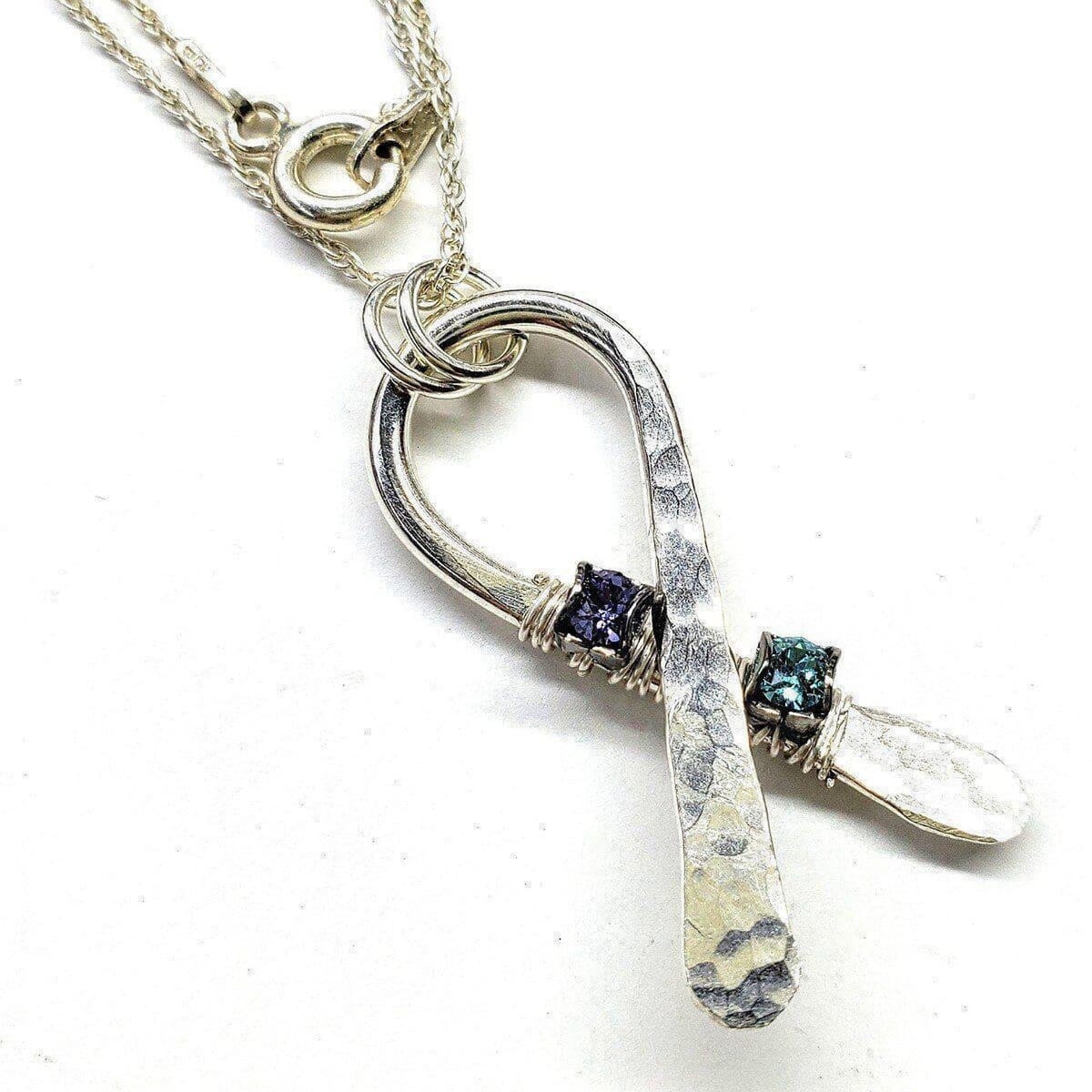 Silver Suicide Prevention Awareness Ribbon Necklace with Purple and Teal Crystals from Alexa Martha Designs