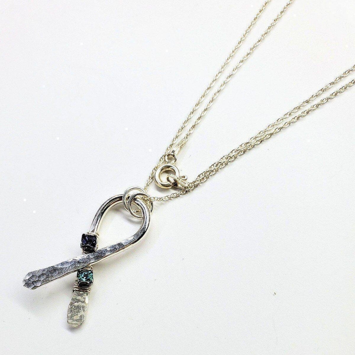 Silver Suicide Prevention Awareness Ribbon Necklace with Purple and Teal Crystals from Alexa Martha Designs